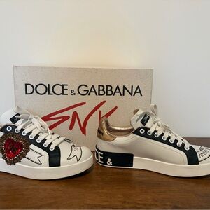 Dolce & Gabbana White and Black Sneakers with Gold Accents